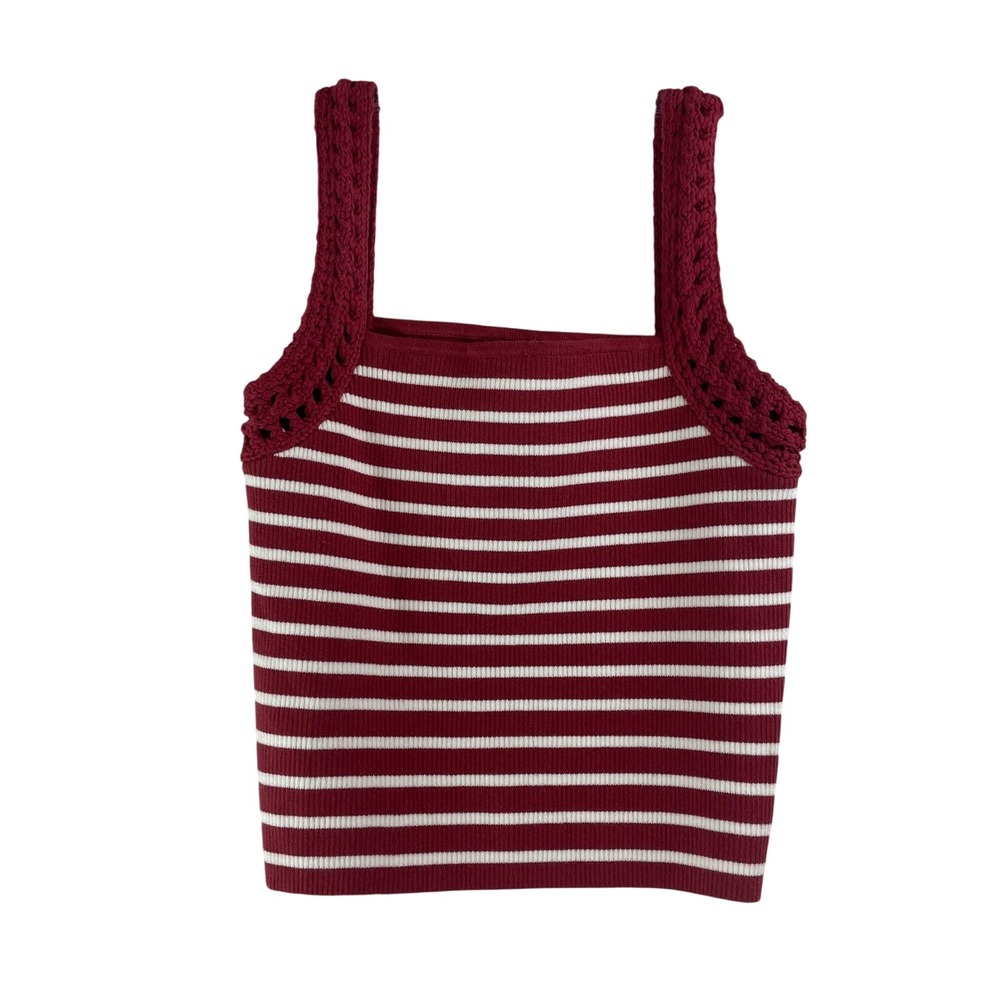 Aerie Striped Ribbed Sweater Tank Top Burgundy Cream Crochet Straps Medium NEW